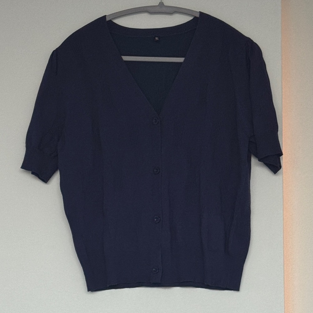 Navy Blue V-Neck Button-Up Blouse